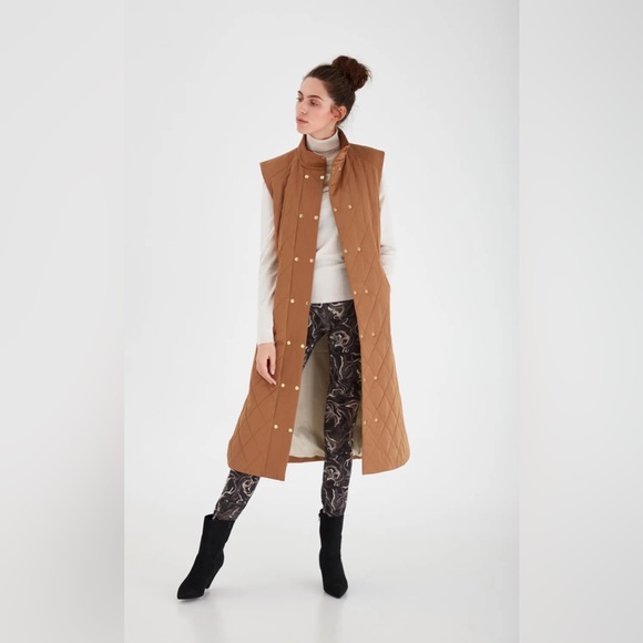 ICHI IHAnnie Quilted Long Vest Rust Gold Snap Button Sleeveless Coat - Picture 4 of 13